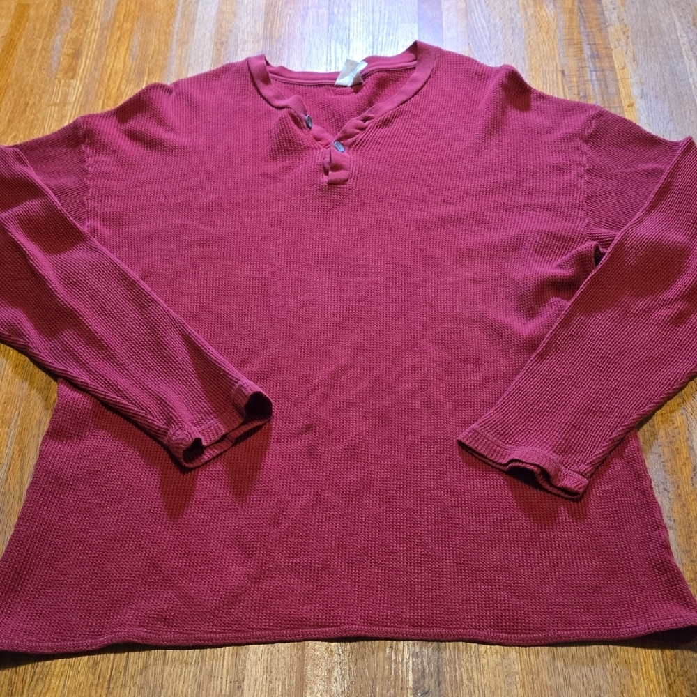 Calvin Klein Women Large Deep Red Thermal Button V-Neck Long Sleeve Stretch‎ Top